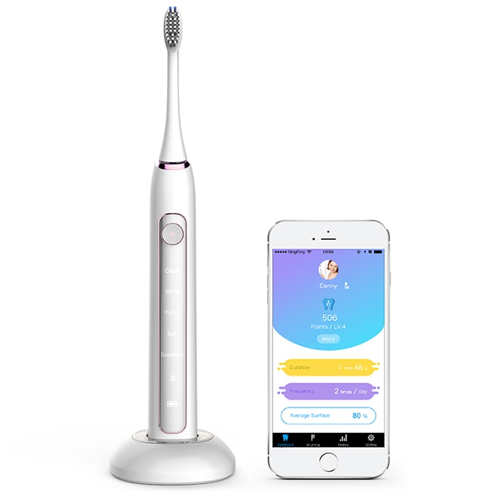 Cepillo de dientes eléctrico sónico Bluetooth inteligente con zonas de cepillado de seguimiento inteligente de la aplicación: White