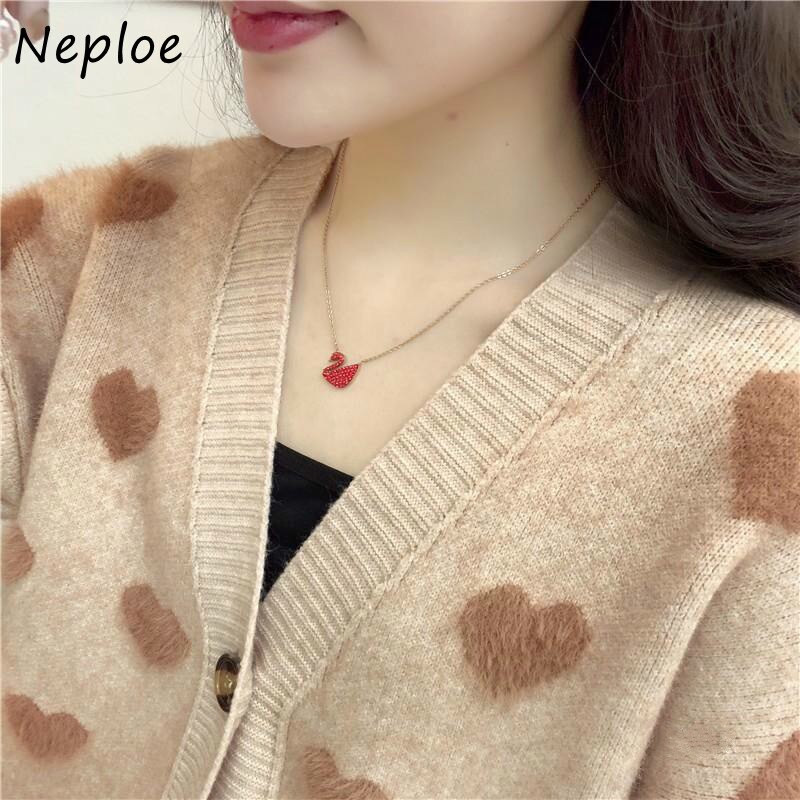 Neploe love heart print brodert genser kvinner søt single breasted langermede gensere femme myk løs damejakke