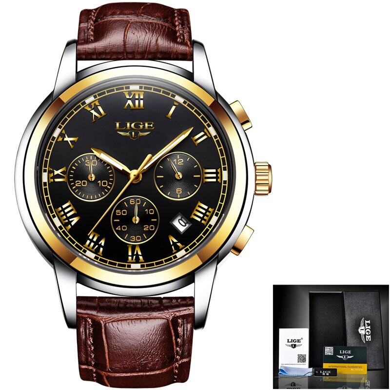 Relojes de Hombre LIGE, reloj mecánico automático para Hombre, reloj Tourbillon deportivo, reloj de pulsera Retro de negocios Casual de cuero: Gold black