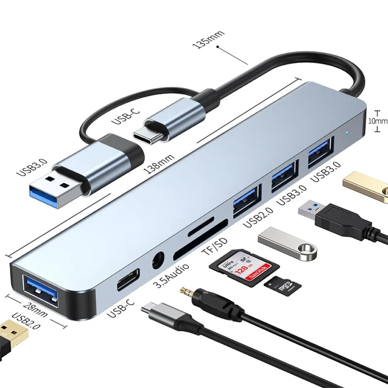 8-IN-2 USB HUB 3.0 USB-C HUB Docking Station Gbps High Speed Transmission USB Splitter Type C to USB OTG Adapter For Macbook Pro: SKY BLUE