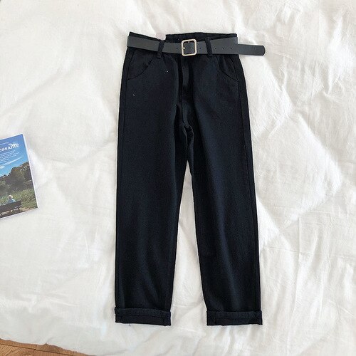 Woherb vintage dam boyfriend jeans för kvinnor mamma jeans med hög midja casual penna byxor koreanska streetwear bälte jeansbyxor: Svart / L