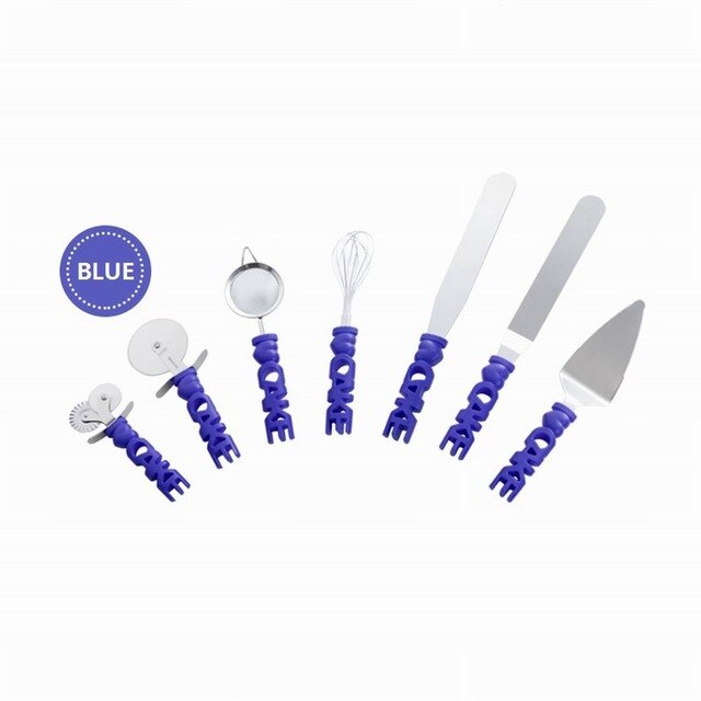 Baking Tools Set Stainless Steel Cake Pizza 9-Piece Baking Supplies Pastry Wheel Mesh Strainer Icing Spatula: Blue
