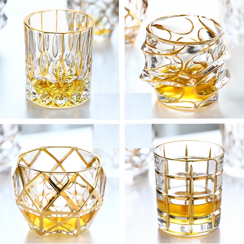 European Classical Thick Crystal Outline In Gold Luxurious Whiskey Tumbler Old Fashioned Verre Whisky Glass Chivas Vodka Cup