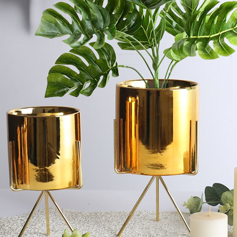 nordisch Goldene Keramik Überzug Blume Topf Balkon Kaktus Orchidee Sukkulenten Pflanzer Blumentopf Schreibtisch Handwerk Dekorative Ornamente