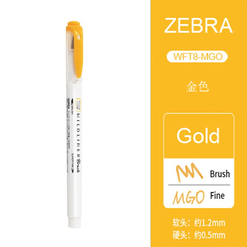 1 szt. Zebra WFT8 series dwugłowicowy fluorescencyjny marker (szczotka miękka końcówka + cienka końcówka końcówki) WKT7 ten sam kolor akwarela długopis do malowania: Gold