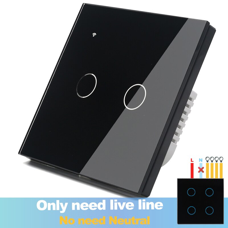 (No need neutral) WIFI Touch Light Wall Switch White Glass Blue LED Smart Home Phone Control 4 Gang 2 Way Alexa Google Home: 2GangBlackR