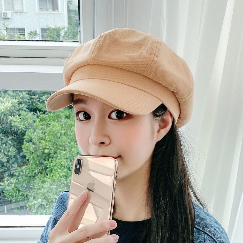 Women Hat Autumn Retro Octagonal Newsboy Cap Ladies Solid Plain Cotton Beret Hat Female Vintage Artist Painter Hat Women Berets: camel