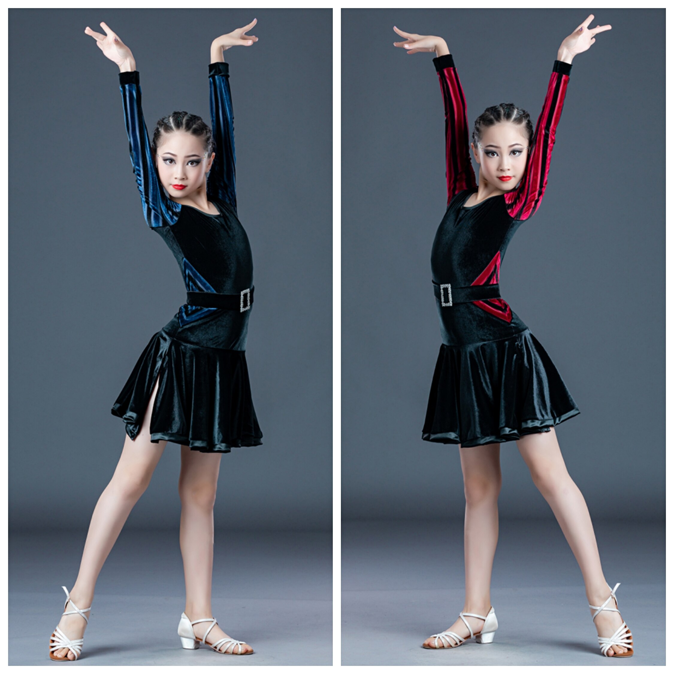 Children Latin Dance Dress Female Autumn Winter Velvet Long Sleeve Ballroom Performance Competition Dress Dance Wear