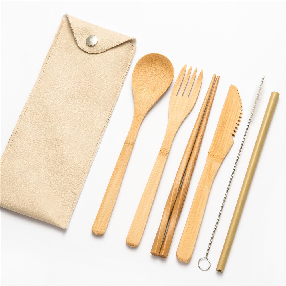 Eco-vriendelijke Reizen Herbruikbare Draagbare Bamboe Bestek Set Lepel Vork Eetstokje Sets 6 stks/set Straw Keuken Voedsel Servies Set: 7pcs set0012