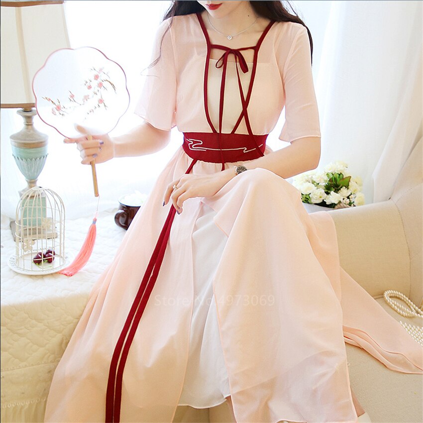 Women Japanese Kimono Summer Chiffon Dress Retro Lace Fancy Yukata Haori Girls Kawaii Pink Party Vestidos Asian Clothes: Color1 / L