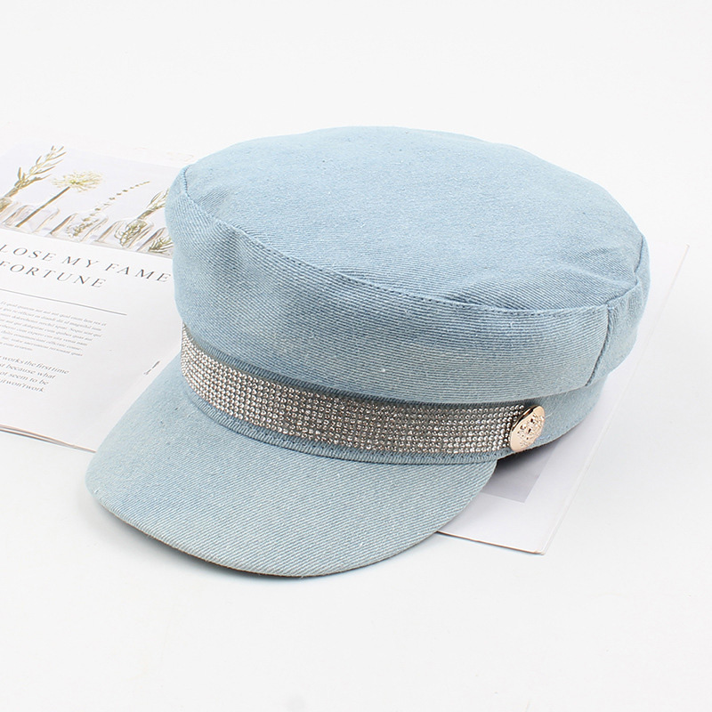 Women Duckbill Cap Denim Jean Flat Top Short Brim Bling Bling Rhinestone Cool Casual Cowboy Hat Caps: Sky Blue