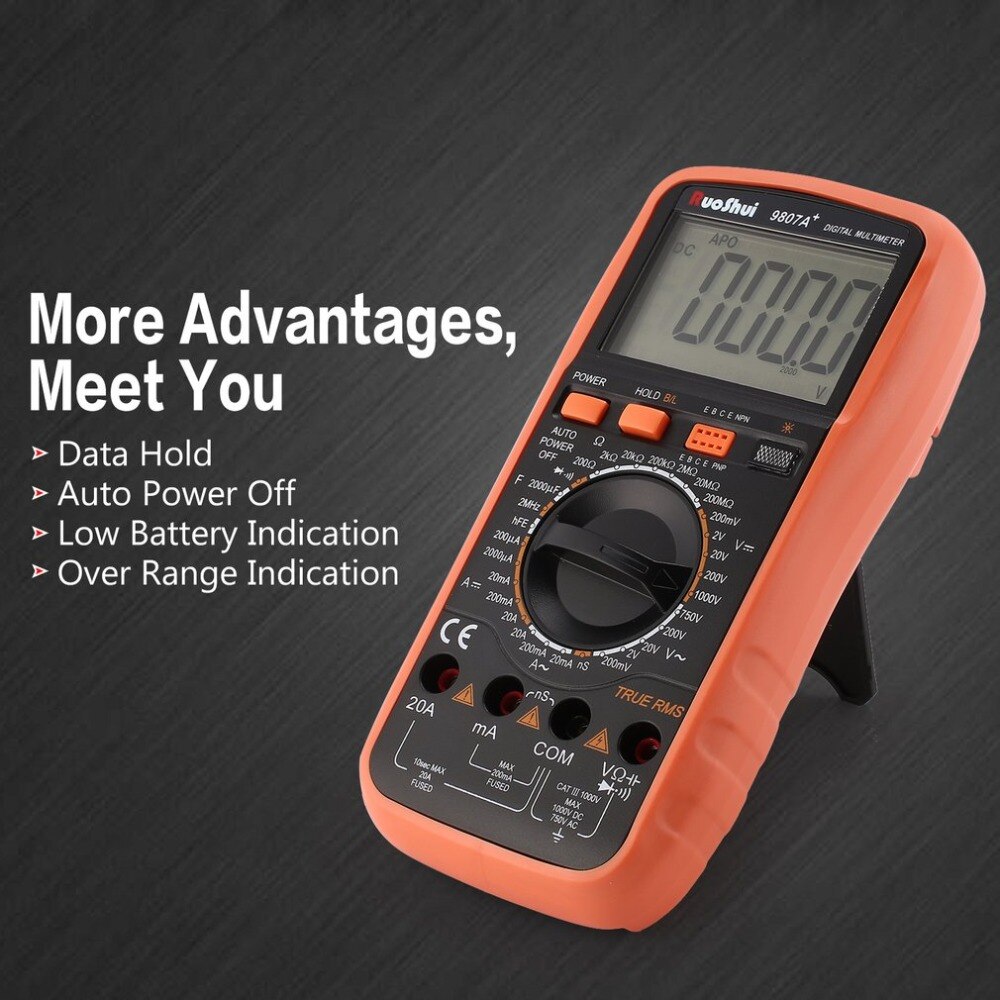 9807A+ Digital Multimeter 19999 Counts True RMS AC/DC Volt Amp Ohm Capacitance Frequency Diode hFE Continuity Tester