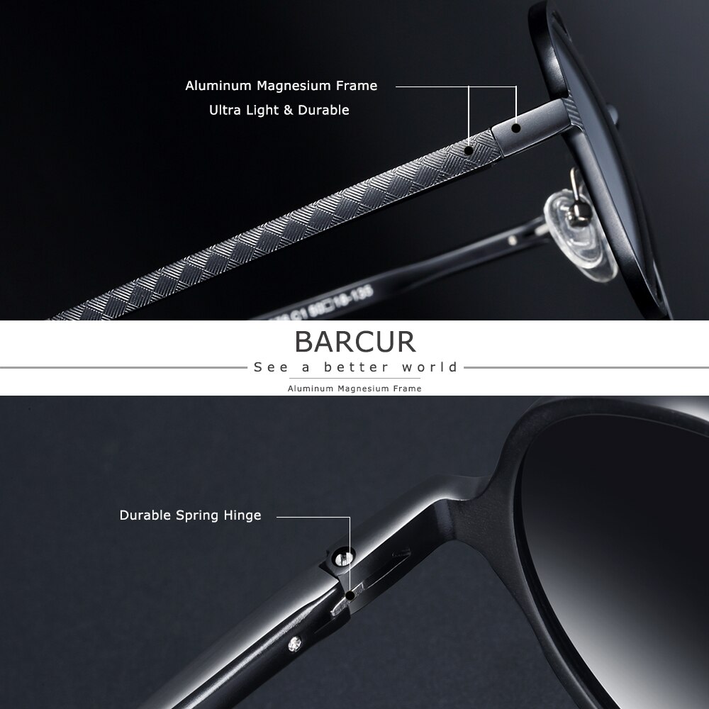 Barcur vintage aluminium magnesium solglass menn polariserte solbriller runde steampunk nyanser merkebriller