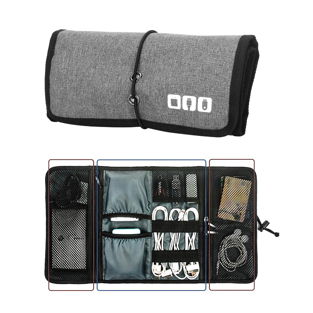 Bolsa organizadora electrónica para cables, cargador de cables de viaje, accesorios para teléfono, bolsa organizadora enrollable, Estuche de transporte tecnológico para cables USB: Plata