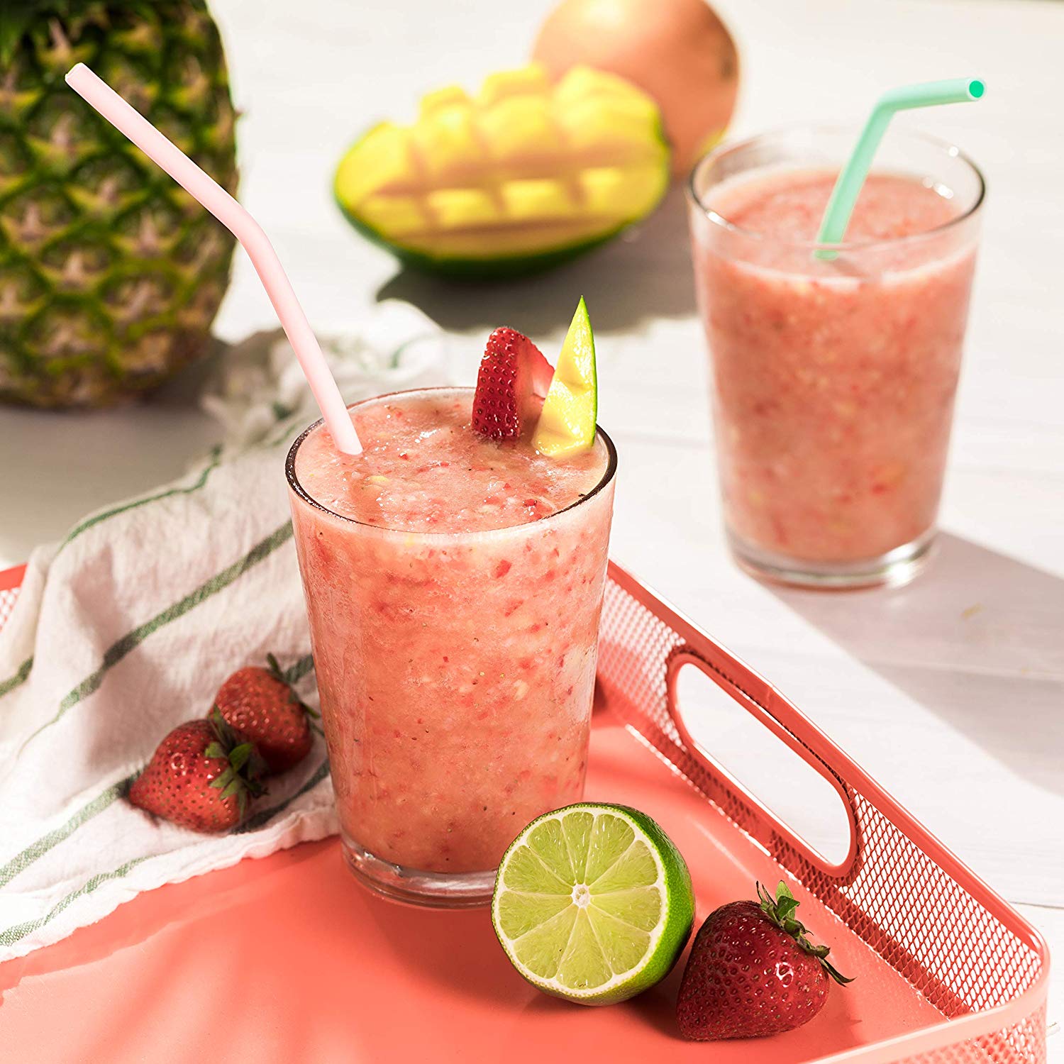 Reusable Silicone Drinking Straws Set, Extra Long Flexible Straws with Cleaning Brushes for 20 oz Tumbler Bar Party Straws