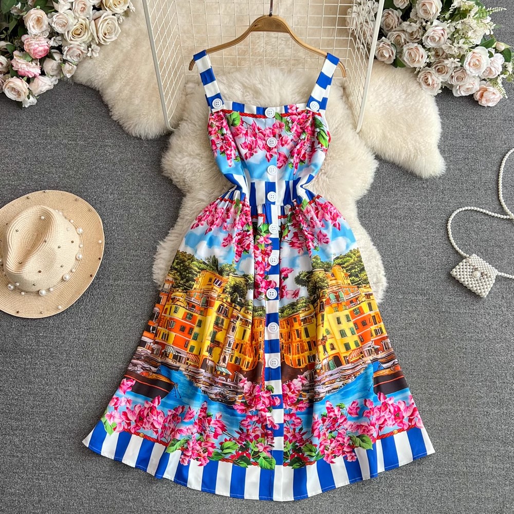 Sexet sommerkjole med off-shoulder-knapper og spaghettistropper til catwalken til kvinder, ærmeløs, blomsterprint, midi-vestidos til stranden