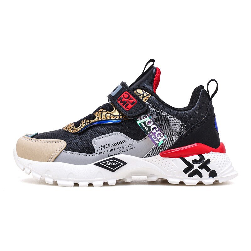 Mode Kinderen Schoenen Chunky Sneakers Voor Kids Papa Schoenen Leer Toevallige Loopschoenen Jongens Dikke Zool Tenis infantil: Black-red / 31