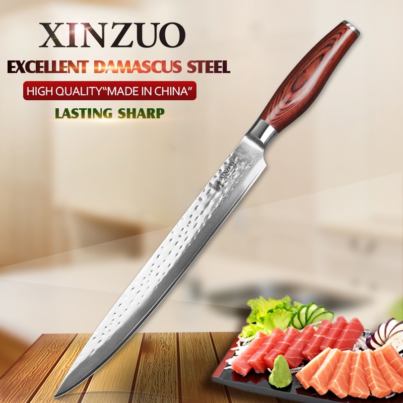 XINZUO 10" inch Cleaver Knife Damascus Steel Kitchen Slicing Knife Japan Kitchen Tool VG10 Sashimi Sushi Knives Pakkawood Handle