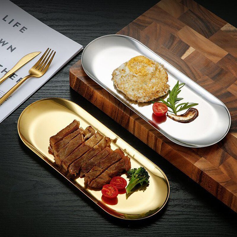 Edelstahl Gold Silber Essen Platte Nachtisch Platte murmeln Obst Kuchen Tablett Snack Küche Platte Western Steak Küche Platte Gericht