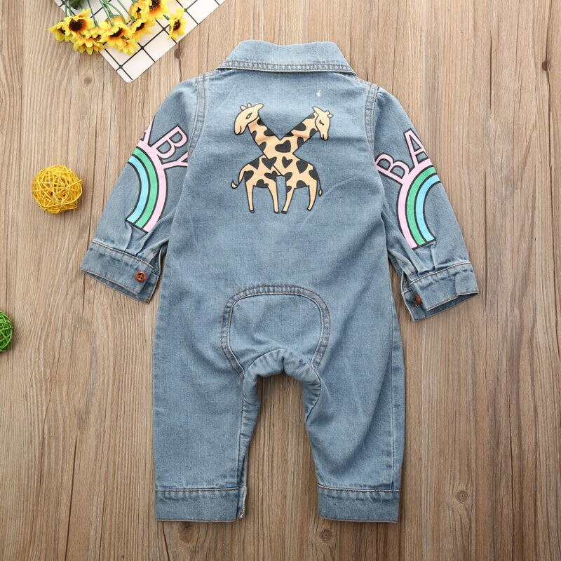 0-18M Toddler Baby Boys Kids Giraffe Denim Fabric Romper Autumn Winter Outfits Clothes