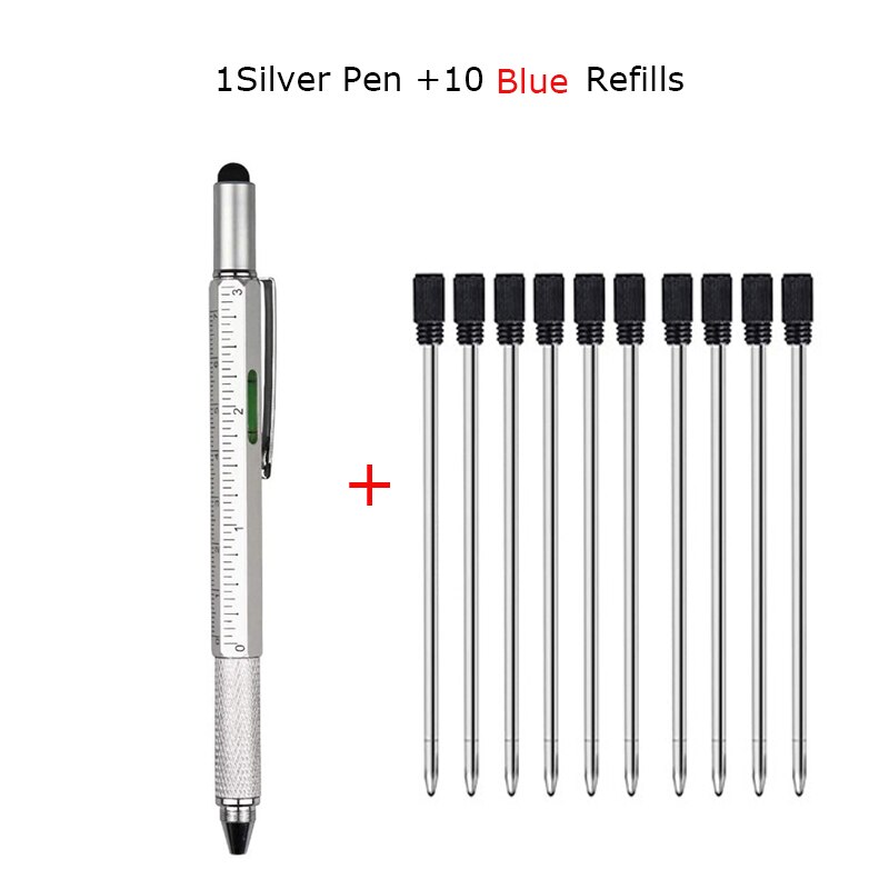 6 In 1 Multi Tool Pen Multifunction Screwdriver Precision Ruler Caliper Ballpoint Pens for Phone Touch Creativity Level Meter: 1 Silver10 Blue ink