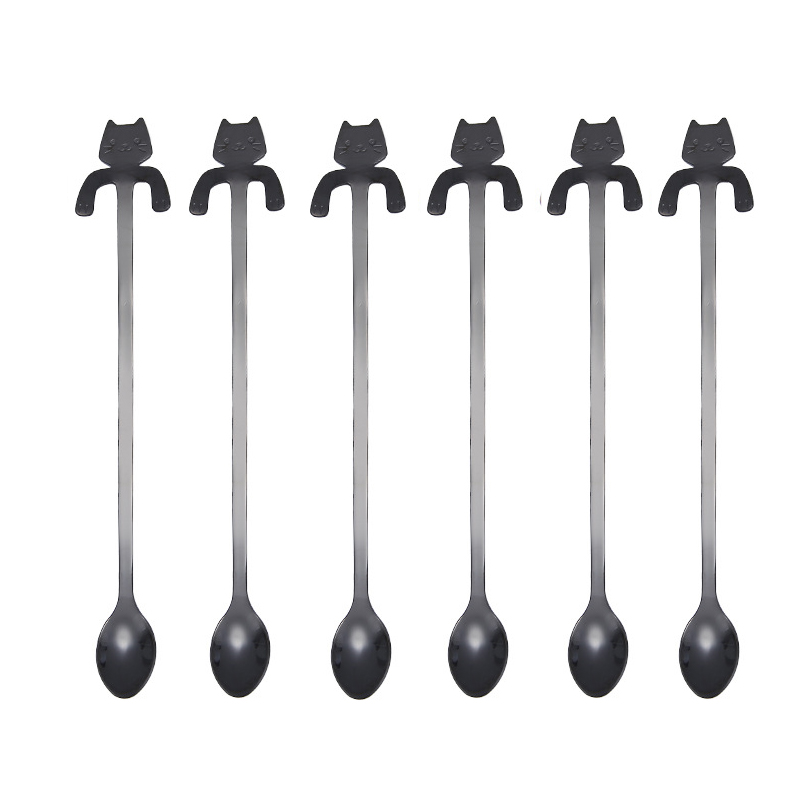 6 pcs Mini Cute Coffee Spoon 12cm 17 cm 304 Stainless Steel Cartoon Cat Spoon Teaspoon Dessert Snack Scoop Milk Spoons Tableware: Black 20cm 6 PCS