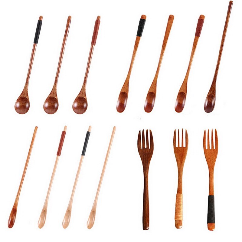 Punho longo colher de madeira natural colheres de chá de café de madeira alongamento mexendo colher 20x1.7cm cozinhar catering colher cozinhar ferramentas