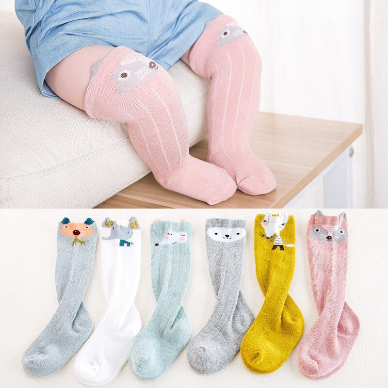 Tegneserie nyfødt baby sokker dyreprint baby pige dreng knæ sokker bomuld småbørn spædbørn piger knæ høje sokker sokken 0-12m: Stil 1 lyserød 0-12m