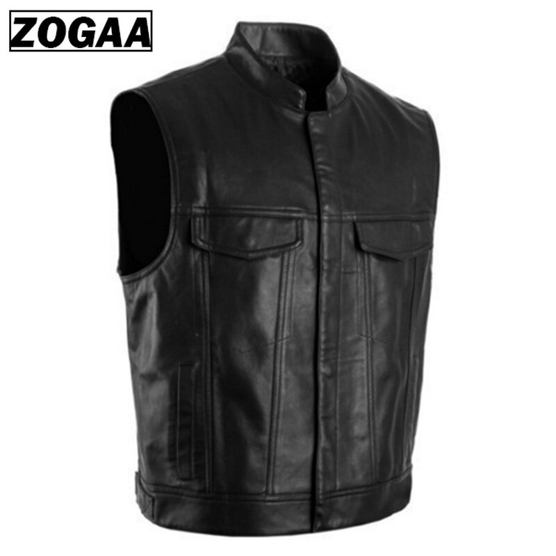 ZOGGA Männer Weste Schwarz Biker Motorrad Hip Hop Weste Männlichen Faux Leder Punk Solid Black Frühling Ärmellose Leder Weste: XL