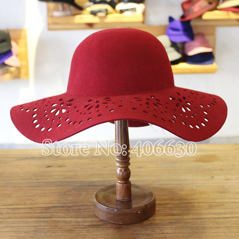 Large Brim Wool Felt Floppy Hats For Women Ladies Sun Beach Caps Female Chapeu PWFE010: burgundy