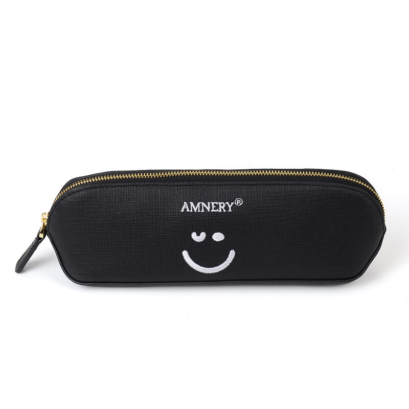 Amnery Leren Pennen etui - Hand Geborduurd Smiley Rits Potlood Tas: Zwart
