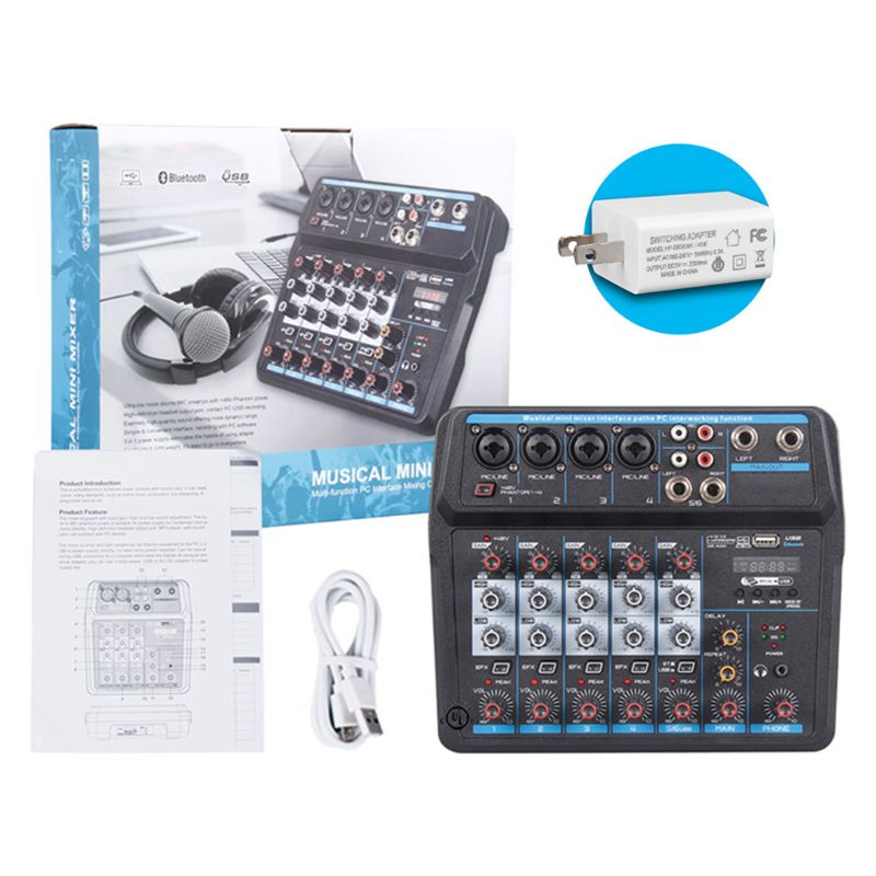 Professionele Zes-Kanaals Audio Mixer Met Usb Interface Bluetooth-Compatibel 48V Phantom Power Sound Mixing Console Voor dj Pc Re: US