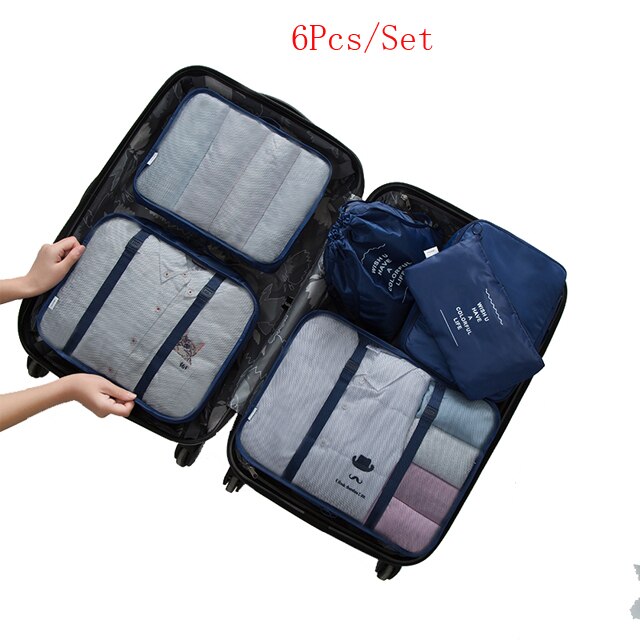 6Pcs/9 Stks/set Reizen Verpakking Cube Ondergoed Bagage Schoenen Kleding Organizer Waterdichte Reistassen Kleding Sorteren Organiseer Bag: 6Pcs-Navy