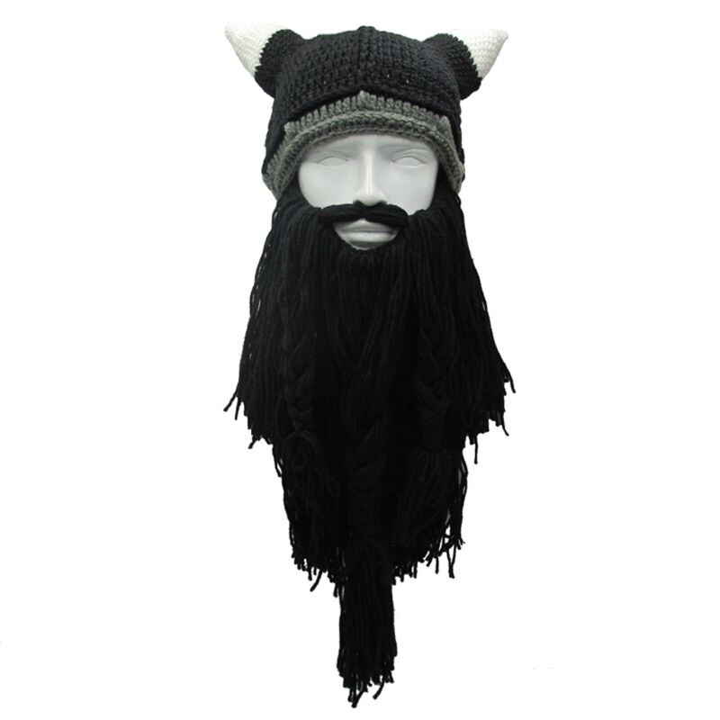Adulto loco divertido Cosplay de Halloween de punto vikingo barba cuerno sombrero esquí máscara salvaje Vagabond Vintage Beanie Cap invierno más cálido