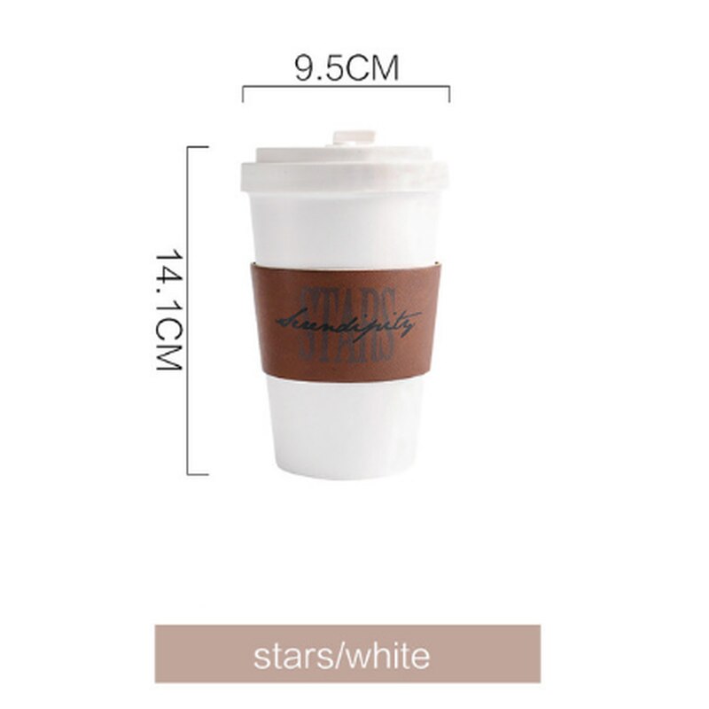 400ml keramiske kaffekrus te kopper store rejsekrus camping krus kaffekop med isoleret læder  wj826: Stjerner hvidt låg
