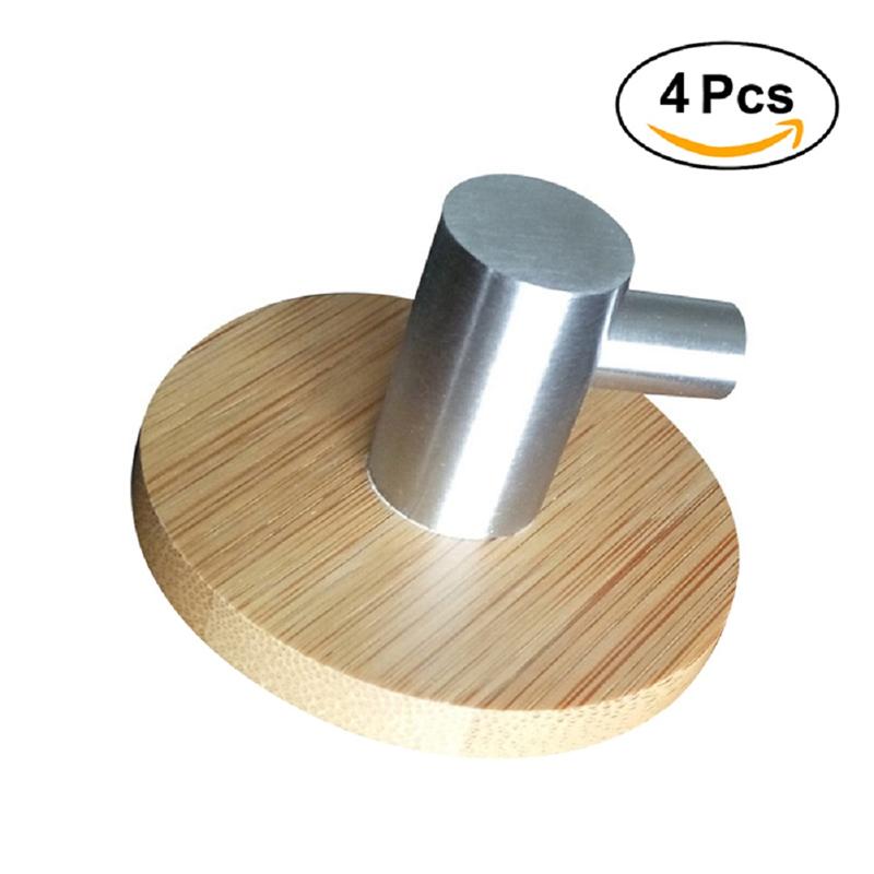 Ganchos adhesivos en forma de L de 4 PPC, perchas de pared de madera y acero inoxidable de bambú para ropa, toallero para el hogar y la cocina