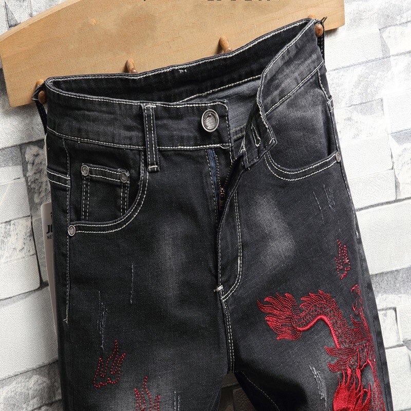 Pantalones vaqueros negros con bordado para hombre, Vaqueros elásticos hasta la rodilla con agujero rasgado, corte holgado, informales, rectos, de verano