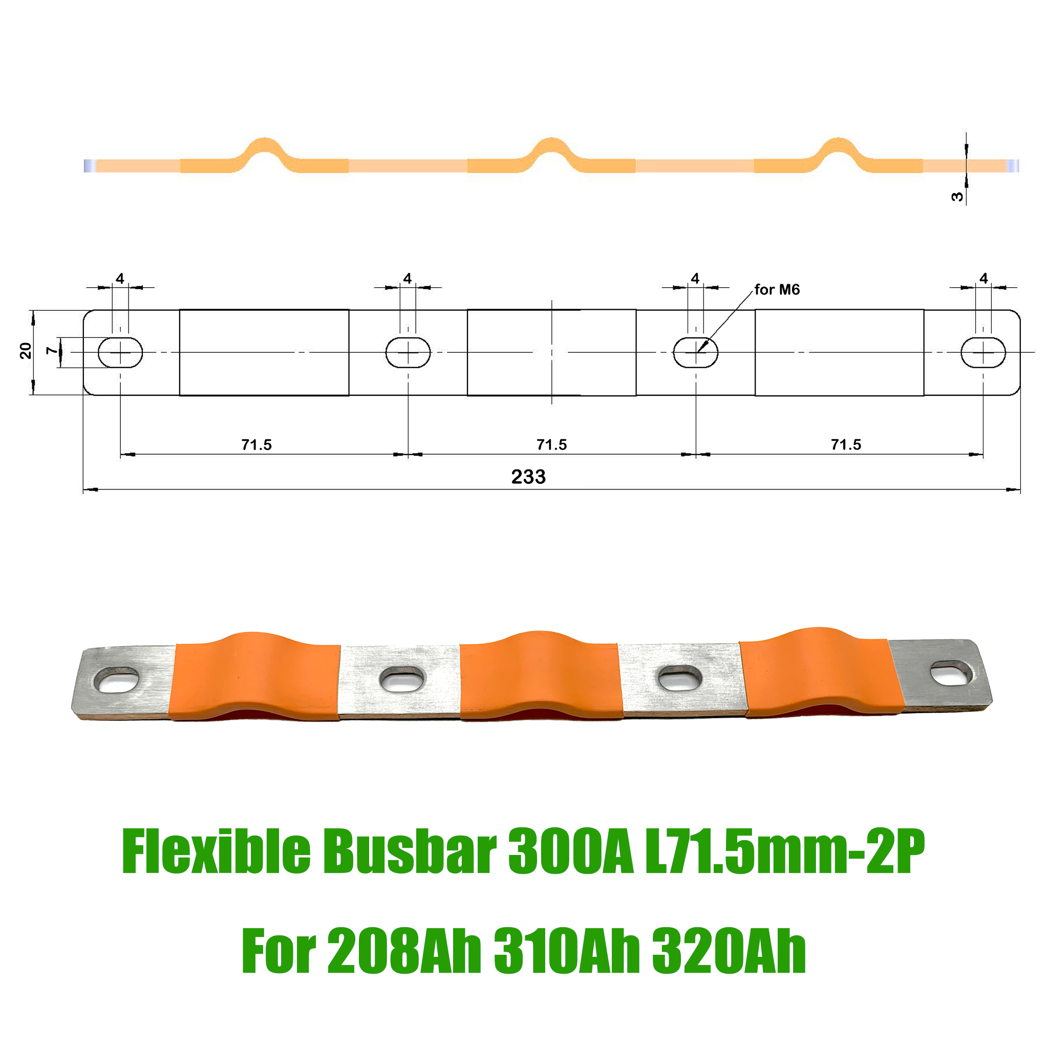 Flexible Sammelschiene Lifepo4-Batterieklemmen, solide Lithium-Bänder, Clips, Bolzen, Verbindungsstange, reines Kupfer, 280 Ah, 320 Ah, Isolationsabdeckung: Orange