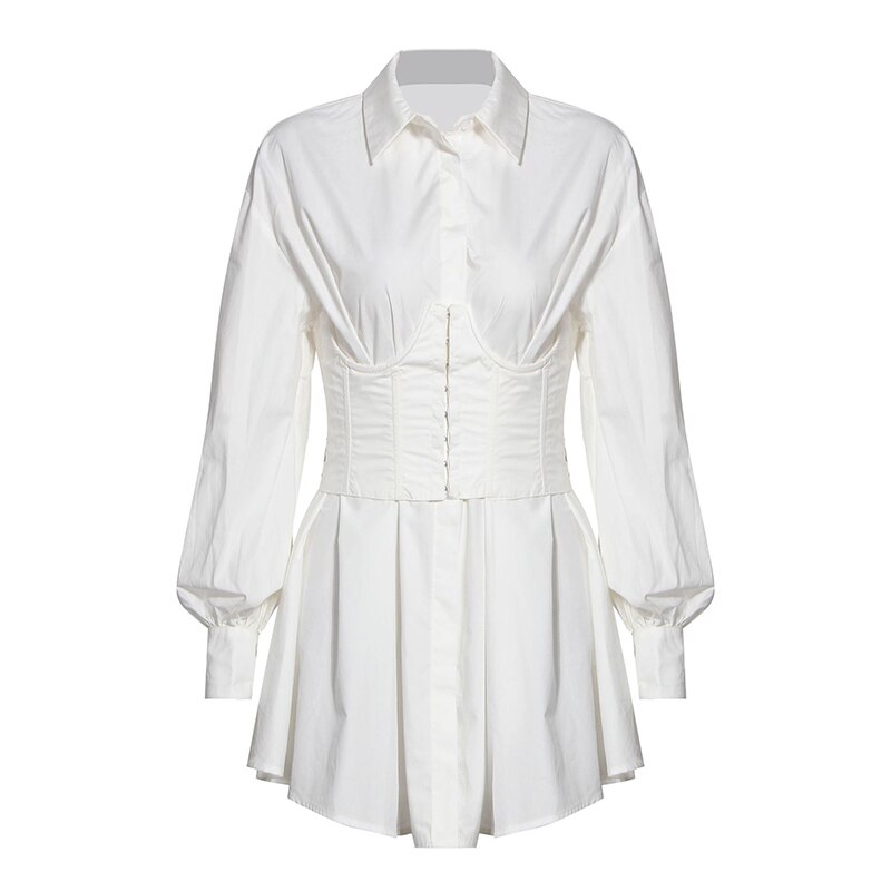 [EAM] Women White Big Size Bandage Pleated Shirt Dress Lapel Long Sleeve Loose Fit Tide Spring Summer 1T922: M