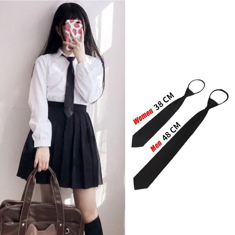 Black Satin Korean Male Tie Female College Style Zipper Free Hand Tie Knot Student Tie for JK Uniform Japanese School Uniform: Women tie 1pc