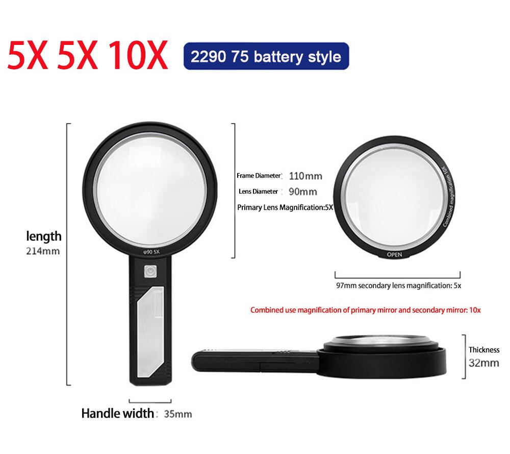 Lighted Magnifying Glass 5X 10X 15X Handheld Magnifying with 8 Led Lights, Optical Lens Illuminated Magnifier For Reading Repair: 2290 75 battery