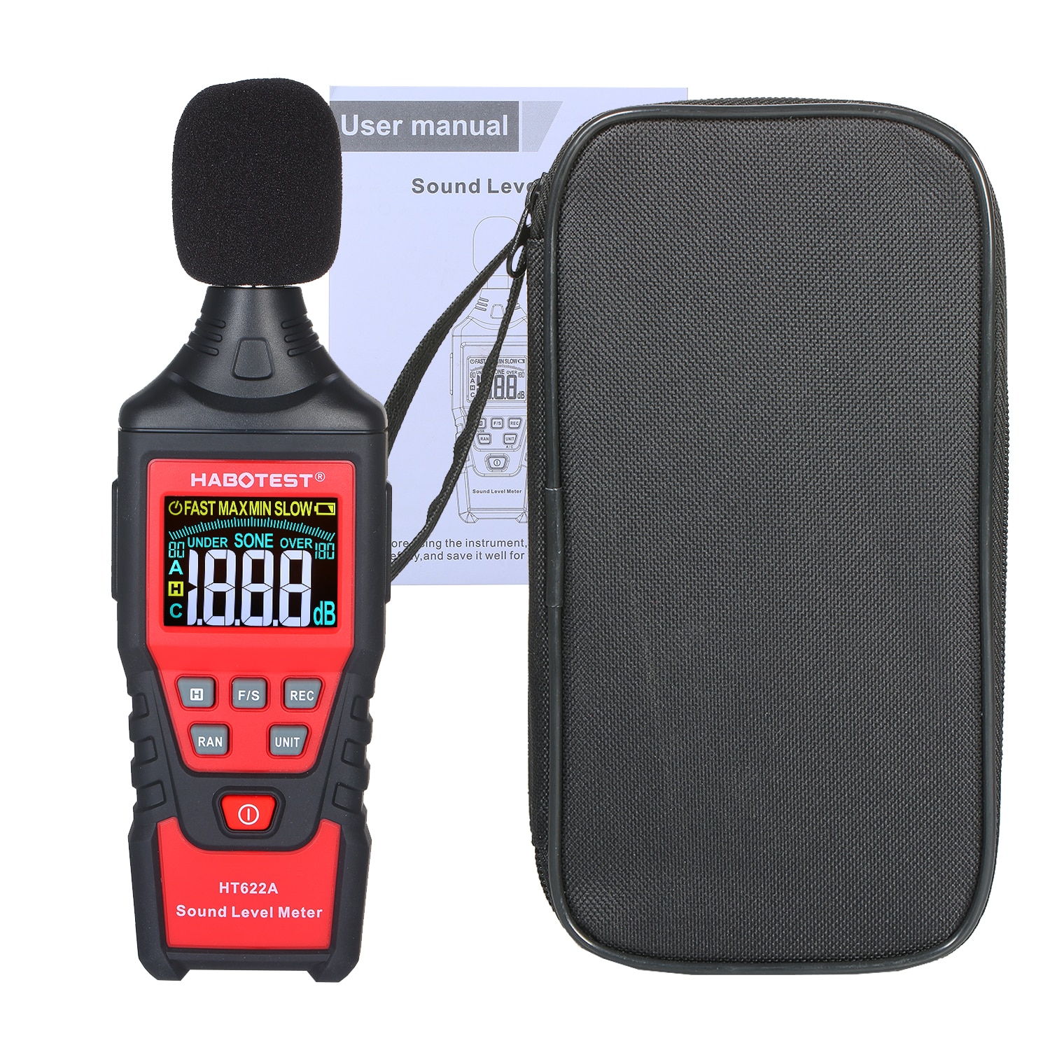 Habotest Handheld HT622A Digitale Decibel Meter Lcd-kleurenscherm Noise Sound Level Meter Met Tool Bag Bereik Van 30-130dB (een)