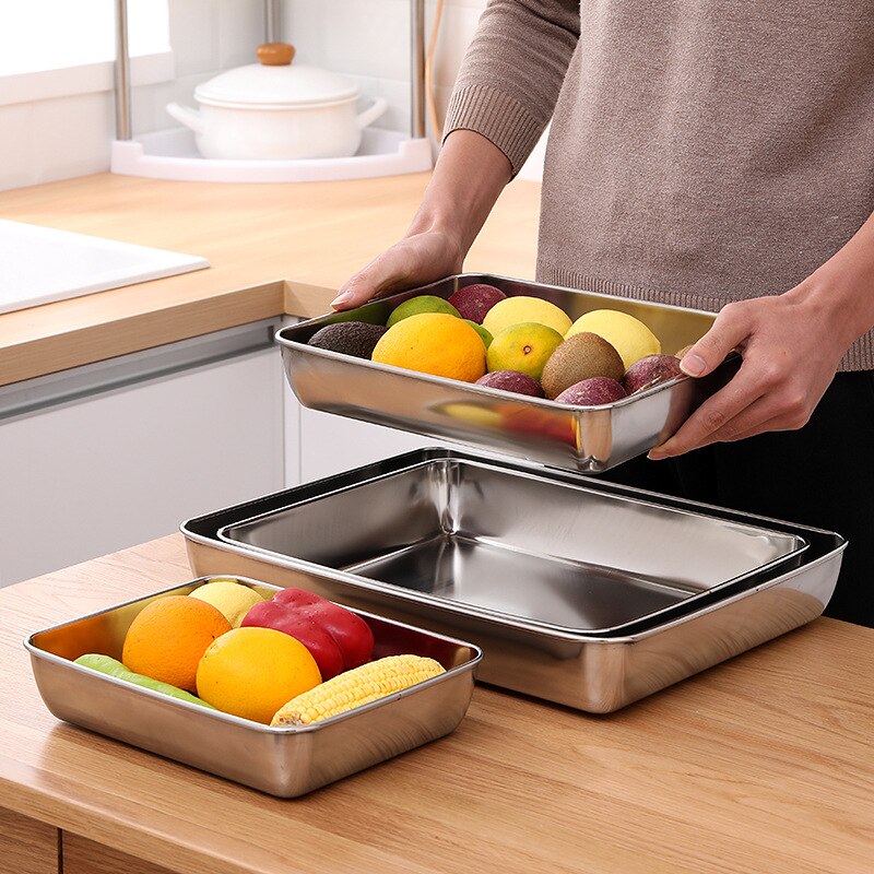 Stainless Steel Rectangular Food Trays Barbecue Fruit Bread Storage Plate Kitchen Steamed Deep Pans Dish Bakeware Baking Tools