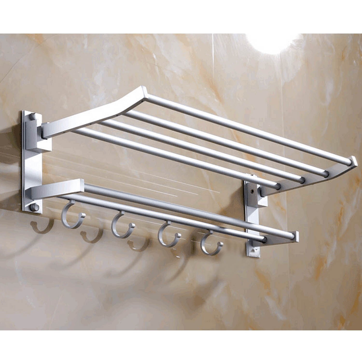 35cm Foldable Wall Mounted Space Aluminum Towel Storage Hanger Shelf Holder Stand Rack with 4pcs Hooks for Home Hotel Bathroom