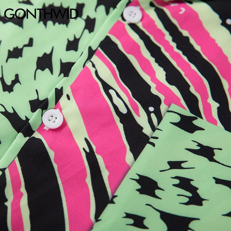 Gonthwide zebra striber leopard prikker print farve blok patchwork lomme korte ærmer hawaiian skjorter sommer casual knap toppe