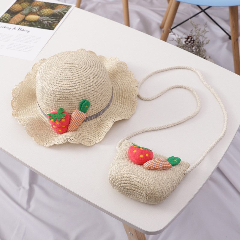 Sombrero tejido de paja bolso bandolera para niña de verano dibujo bonito fresa playa viaje protector solar onda de encaje gorra de sol U5: U5 Beige