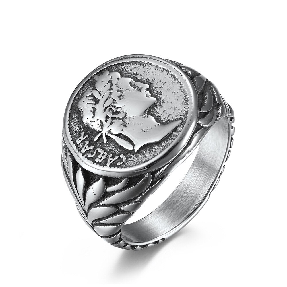 Anillo Vintage de imperio romano para hombre, joya de acero inoxidable con cabeza de Caesar, Color plateado, dorado: 10 / Plata