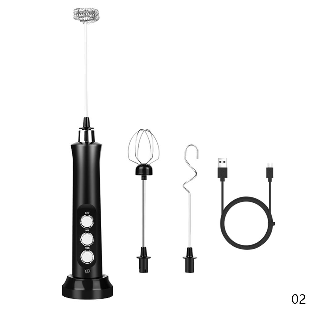 3 Speed Verstelbare Usb Oplaadbare Handheld Blender Melk Koffie Tore Rvs Elektrische Mixer Schuim Maker Keuken Gereedschap: Black With Base