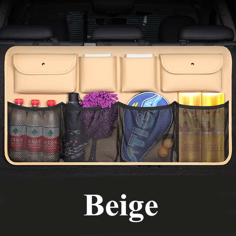 Newest PU Leather Car Rear Seat Back Storage Bag Multi-use Car Trunk Organizer Auto Stowing Tidying Auto Interior Accessories: beige with net