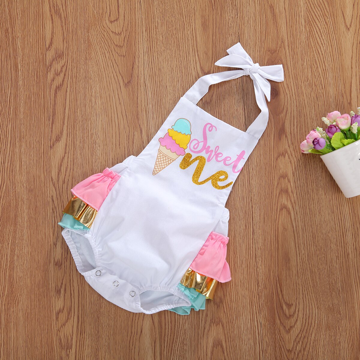 Pasgeboren Kids Baby Meisjes Jongens Leuke Bodysuits Mouwloze Riem Brief Print Backless Ruches Jumpsuits 0-24M